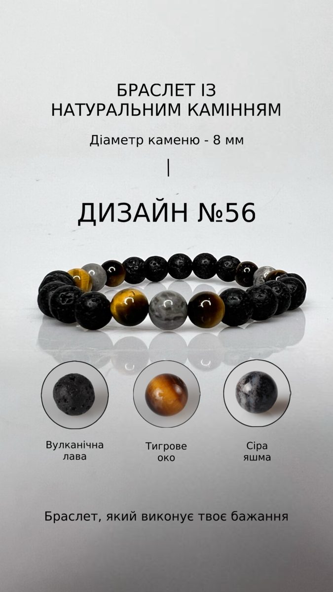 Браслет з вулканічною лавою і тигровим оком — Удача
